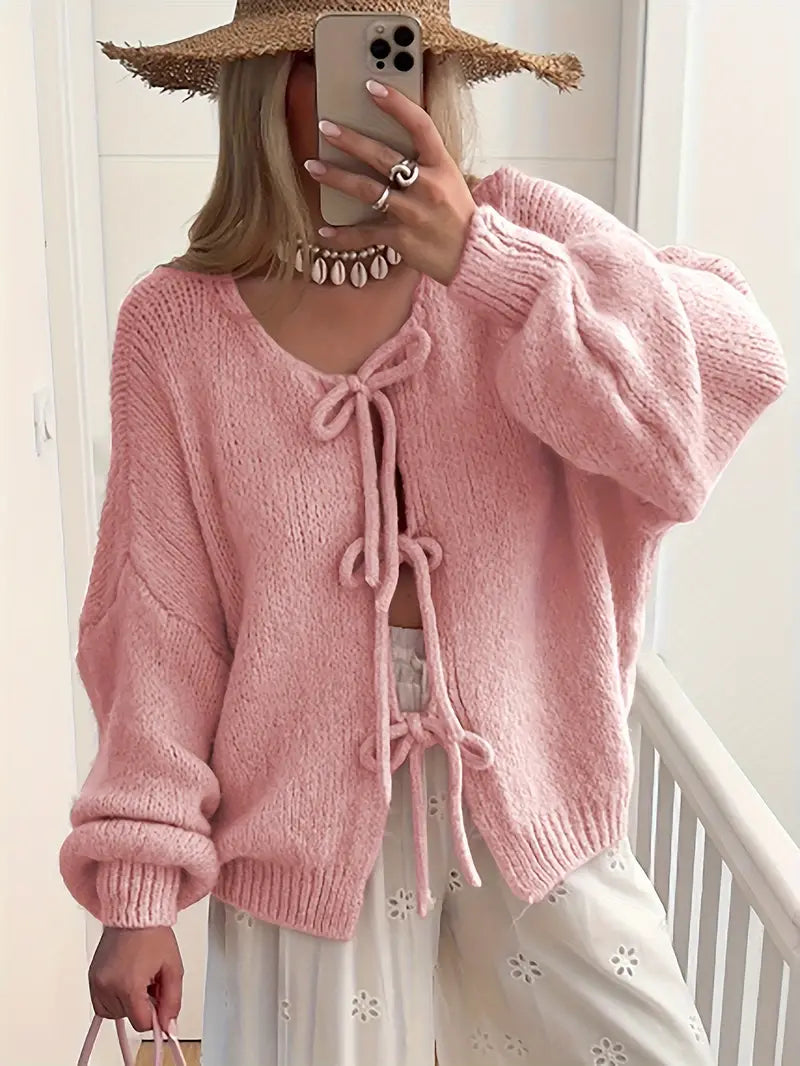 Roze Polyester Gebreide Open-Front Cardigan Met Vlinderstrik Sluiting