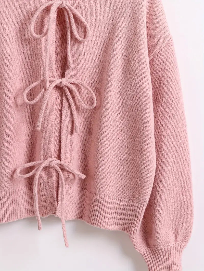 Roze Polyester Gebreide Open-Front Cardigan Met Vlinderstrik Sluiting