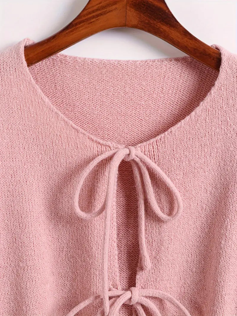 Roze Polyester Gebreide Open-Front Cardigan Met Vlinderstrik Sluiting