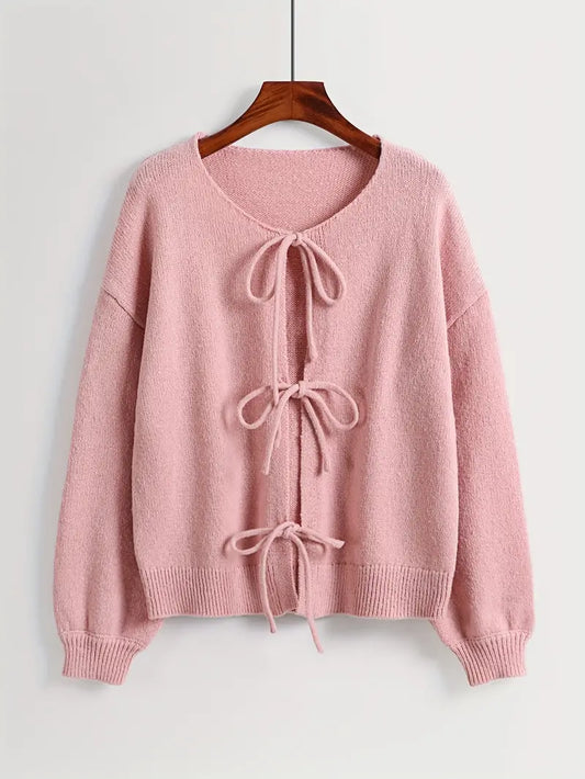 Roze Polyester Gebreide Open-Front Cardigan Met Vlinderstrik Sluiting